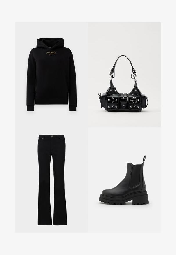 Čierna mikina s kapucňou vyrobená z mäkkej látky, s prednou kapsou, rebrovanými manžetami a zlatým vyšitým logom na hrudi.; Čierne rozšírené džínsy vyrobené z denimu, s dvoma prednými vreckami, zapínaním na gombík a hladkým povrchom. Viditeľné podpisové šitie na švoch.; Čierne chelsea čižmy vyrobené z hladkej kože s elastickými bočnými panelmi, hrubou, ryhovanou gumovou podrážkou a pútkom vzadu.; Čierna kožená kabelka s zakriveným dizajnom, doplnená striebornými cvočkami, prackou a dvoma bočnými vreckami. Nastaviteľný popruh poskytuje rôzne možnosti nosenia.