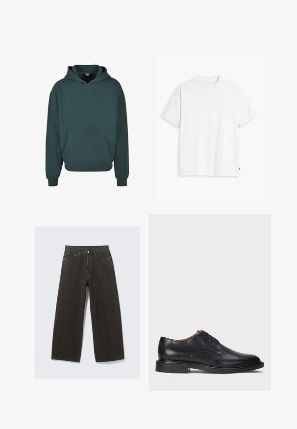 Zielona bluza z kapturem wykonana z miękkiego materiału, z kieszenią typu kangur, luźnym krojem, ściągaczami przy rękawach i u dołu, oraz podwójnym kapturem.; Biały bawełniany t-shirt z krótkimi rękawami, okrągłym dekoltem i subtelnym, jasnym nadrukiem z logo "Levi's" na przodzie.; Szerokie czarne dżinsy z wysokim stanem, pięcioma kieszeniami i zapięciem na guzik. Materiał ma miękkie, teksturowane wykończenie.; Czarne skórzane buty wizytowe z okrągłym noskiem, sznurowanym zapięciem i niskim, warstwowym obcasem. Gładka faktura z minimalnymi detalami stębnowania.