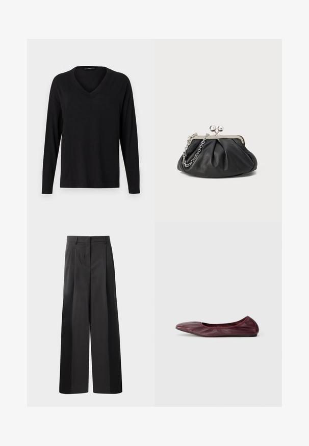 Svart langermet V-hals genser laget av myk stoff, med en avslappet passform og ribbestrikkede detaljer ved kragen og mansjettene.; Sorte vidde bukser med høy midje, med frontfolder, en glatt tekstur og en skreddersydd finish. Designet for en avslappet passform.; Balletsko i dyp burgunder lær, med avrundet tå, elastisk kant og glatt tekstur med subtile folder.; Svart lær clutch med samlet tekstur, sølvfarget metallramme, smekklås og kjedehank. Glatt, myk overflate.