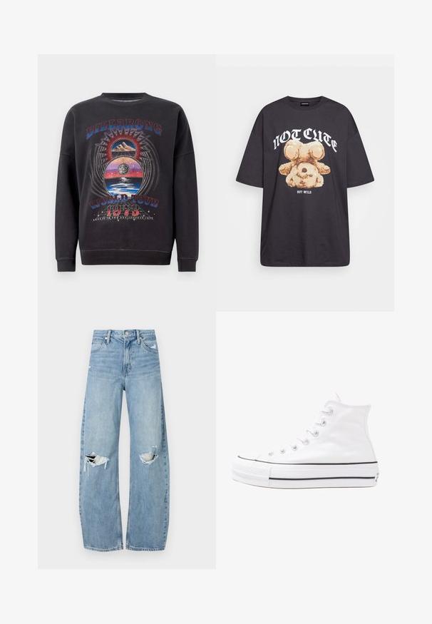 Fekete kapucnis pulóver, grafikai dizájnnal, amelyen a "BILLABONG WORLD TOUR 1973" szöveg, hegyek és több színben pompázó égi elemek láthatók.; Fekete, oversized póló, rajta egy medvével és a "NEM CUKI, HANEM FÉKTELEN" felirattal vastag, fehér betűkkel. Pamut anyag.; Világoskék, magas derekú farmernadrág. Széles lábakkal, két szakadt térddel és klasszikus öt zsebes dizájnnal rendelkezik.; Fehér magaskorsó vászon sportcipő fekete gumi talppal, elülső gumi orrnyereggel és hat fűzőlyukkal, letisztult, minimalista dizájnnal.