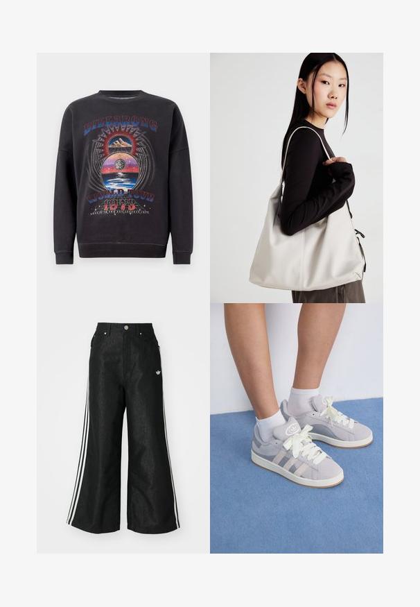 Juodas džemperis su grafiniu dizainu, kuriame yra "BILLABONG WORLD TOUR 1973" tekstas, kalnai ir dangaus elementai keliomis spalvomis.; Juodos plačios džinsinės kelnės su trimis baltais juostelėmis kiekvienoje pusėje ir mažu baltu logotipu. Yra priekiniai kišenės ir sagčių užsegimas.; Pilki zomšiniai sportbačiai su baltais raišteliais ir guminiais padais, puikuojantys trimis įstrižainėmis juostelėmis šone ir logotipo etikete ant liežuvio.; Bežinė rankinė, pagaminta iš minkštos medžiagos, turinti laisvą dizainą, siuvinėtas detalės ir dvi petnešos. Tinkama kasdieniam naudojimui.