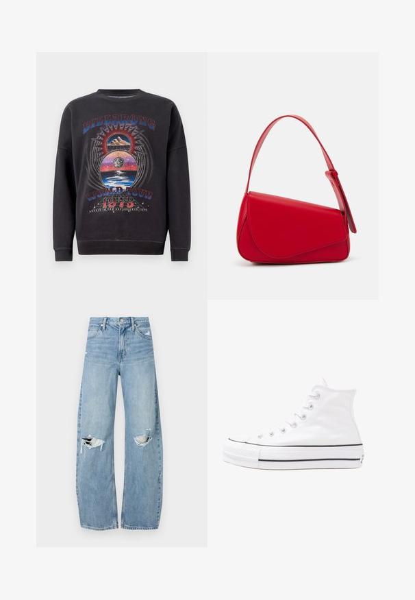 Černá mikina s potiskem, na kterém je text "BILLABONG WORLD TOUR 1973", hory a nebeské prvky v několika barvách.; Světle modré džíny s vysokým pasem vyrobené z denimu. Mají široké nohavice, dvě roztržené oblasti na kolenou a klasický pětikapsový střih.; Bílé vysoké plátěné tenisky s černou gumovou podrážkou, přední gumovou špičkou a šesti očky na tkaničky, se čistým, minimalistickým designem.; Červená kožená kabelka s ostrým, geometrickým designem. Má jeden nastavitelný popruh a klopu s prošívanými detaily.