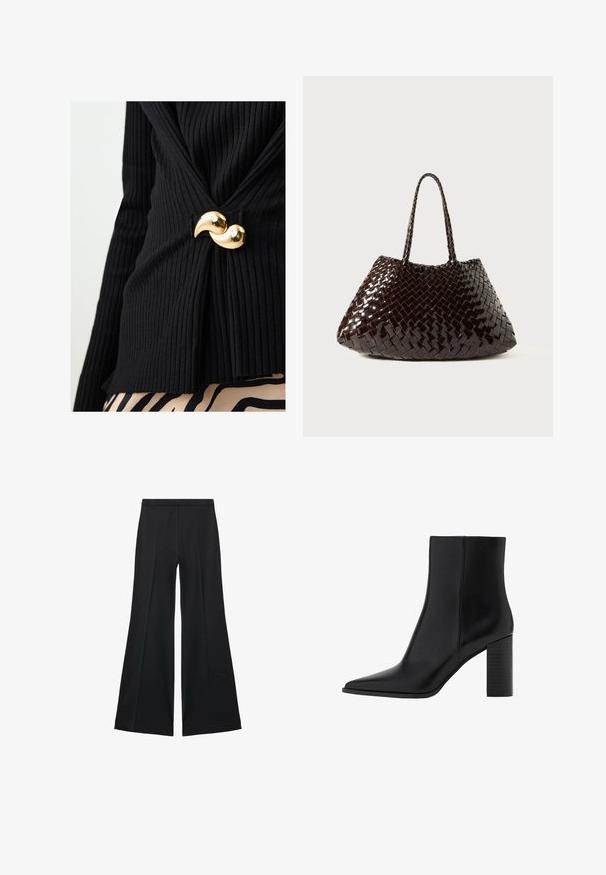 Zwarte geribbelde top met een gedraaide ontwerp, bevestigd met een glanzende gouden halve maan vormige sluiting op de taille. Textiel met textuur voegt diepte toe.; Zwarte wijde-pijpen broek met een gladde textuur, gekenmerkt door voorplooien en een op maat gemaakte uitstraling. De stof is lichtgewicht en vloeiend.; Zwarte leren enkellaars met een spitse neus, vierkante hak, een gladde textuur en stikdetails langs de naden. De hakken zijn ongeveer 8,9 cm hoog.; Geweven handtas in donkerbruin, met een glanzende afwerking, taps toelopende vorm en gevlochten handvatten. Het gestructureerde patroon voegt diepte en visuele interesse toe.