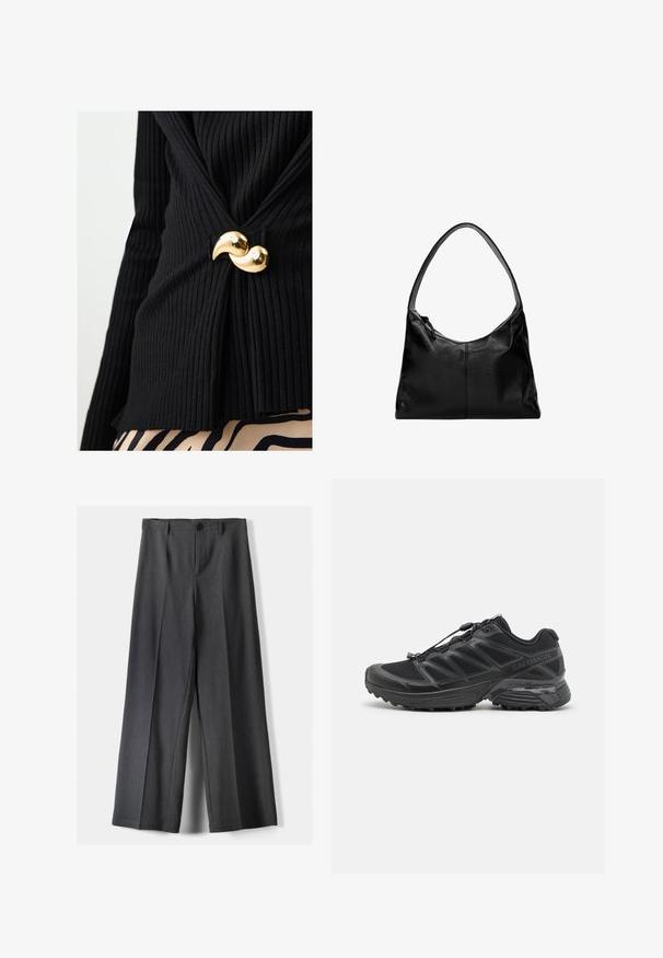 Schwarzes, geripptes Oberteil mit einem gedrehten Design, das mit einem glänzenden goldenen, halbmondförmigen Verschluss an der Taille gesichert ist. Der strukturierte Stoff verleiht Tiefe.; Weite Beinhosen aus dunkelgrauem Stoff mit Knopfverschluss, vorderen Falten und Gürtelschlaufen. Glatte Textur mit maßgeschneidertem Design.; Schwarzer Laufschuh mit Obermaterial aus Mesh und Synthetik, flexibler Sohle und elastischen Schnürsenkeln. Verfügt über eine gepolsterte Zwischensohle für zusätzlichen Komfort.; Schwarze Leder-Umhängetasche mit glatter Textur, geschwungenem oberen Rand und einem einzigen Tragegurt. Sie verfügt über einen Reißverschluss und ein minimalistisches Design.