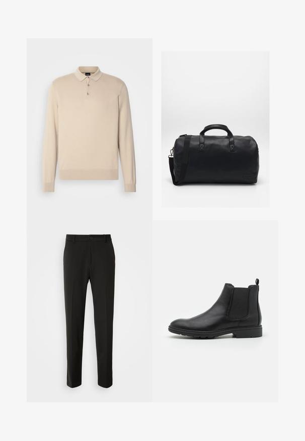 Bežs garām piedurknēm polo džemperis ar apkakles dekoltē, trīs pogu aizdari un ribotām aprocēm un apakšmalu, izgatavots no gludas, vieglas auduma.; Melnas bikses no gludas auduma ar taisnām kājām, pogu aizdari un klasisku dizainu, kas piemērots gan formālai, gan ikdienišķai valkāšanai.; Melnas ādas Čelsijas zābaki ar elastīgiem sānu paneļiem un aiztures cilpu, ar noapaļotu pirkstu un strukturētu gumijas zoli.; Melna sporta soma, izgatavota no teksturēta sintētiska materiāla. Iekļauj divas rokturus un regulējamu plecu siksnu. Vienkāršs dizains bez redzamām rakstu zīmēm.