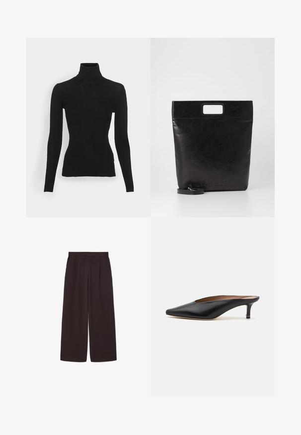 Zwarte geribbelde coltrui met lange mouwen, aansluitend ontwerp, zachte textuur en een hoge nek. Geen zichtbare patronen of hardware.; Donkerbruin brede broek van lichtgewicht stof, met een hoge taille, plooien en twee zijzakken, voorzien van een elastische tailleband.; Zwarte leren muiltjes met een puntige neus en een lage, blokhak. Glad oppervlak met een gestroomlijnd ontwerp. Open achterkant met minimale details.; Zwarte leren draagtas met een vierkant handvat, met een gestructureerde afwerking en een reliëflogo. Inclusief een afneembare schouderband.