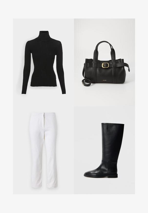 Black ribbed turtleneck sweater with long sleeves, fitted design, soft texture, and a high neck. No visible patterns or hardware.; White cotton pants with a straight leg design, featuring a mid-rise waist and no visible hardware or patterns. Smooth texture throughout.; Black leather knee-high boot with a rounded toe, smooth texture, minimalistic design, and a flat sole. Simple seam details on the shaft.; Black leather handbag featuring a structured design, dual top handles, gold-tone buckle accent, and embossed brand logo at the front.