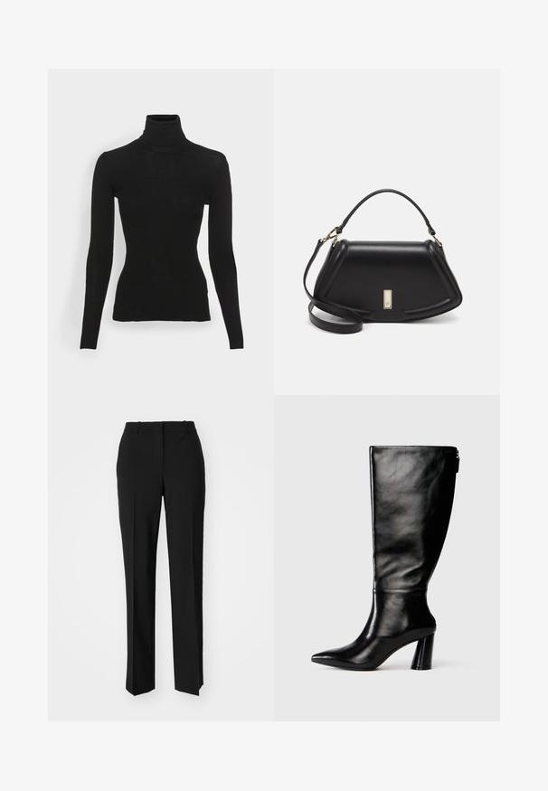 Pulover negru cu guler înalt, cu dungi fine, cu mâneci lungi, design ajustat, textură moale. Fără modele sau accesorii vizibile.; Pantaloni negri tailor-ed cu un design drept, având o textură fină și cute clare pe față. Fără elemente de prindere vizibile.; Cizme negre din piele până la genunchi, cu vârf ascuțit, textură netedă și toc robust. Include un detaliu cu fermoar la spate.; Geantă de umăr din piele neagră, cu un design structurat, având o formă tăiată, mânere superioare și accente din aur. Include o curea de umăr ajustabilă.