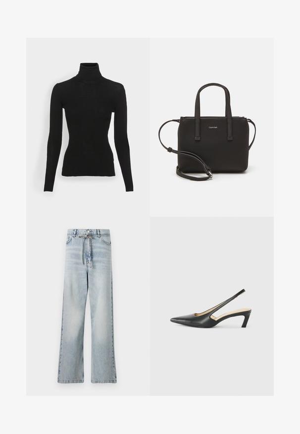 Zwarte geribbelde coltrui met lange mouwen, aansluitend ontwerp, zachte textuur en een hoge nek. Geen zichtbare patronen of hardware.; Lichtblauwe wijde jeans van denim, met een hoge taille, voorzakken en een trekkoorddetail bij de taille. Versleten structuur.; Zwarte puntige slingback schoen met een lage hak, gemaakt van soepel leer en voorzien van een uitsnede aan de zijkant voor ventilatie.; Zwarte handtas met dubbele korte handvatten en een afneembare schouderriem. Glad, leerachtig materiaal met een ritssluiting en logo-detail.