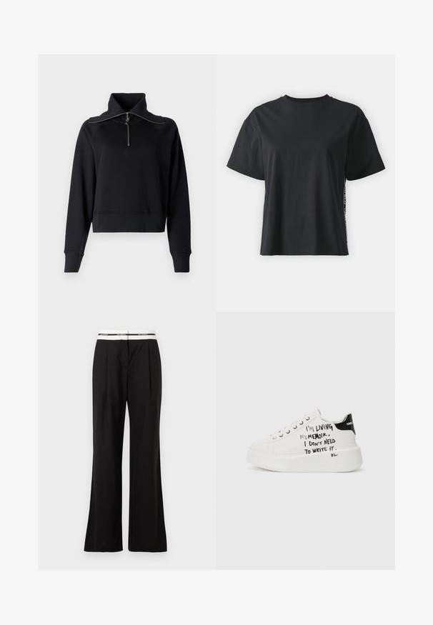 Melnā īsā krekla ar augstu apkakli, ar pus-izsistības dizainu un ribotu piedurkņu, izgatavota no mīkstas, teksturētas auduma.; Melna īsām piedurknēm kokvilnas t-kreklu ar brīvu piegriezumu un kontrastējošu sānu paneli, kas satur nelielu tekstu un dizaina detaļas.; Melnas bikses ar brīvu piegriezumu, kurām ir balts elastīgs jostasvads ar zīmolu. Izgatavotas no gludas auduma ar nelielu spīdumu.; Baltie platformas kedas ar melniem akcentiem, ar teksturētu zoli un roku rakstītu tekstu sānos. Gludas ādas materiāls.