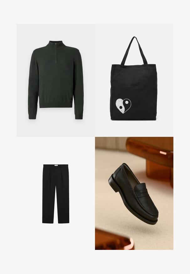Tmavozelený sveter s dlhým rukávom a polovičným zipsom na golieri, s rebrovanými manžetami a lemom, na jednofarebnom pozadí.; Čierne strihané nohavice s prešívaním vpredu, dizajnom s rovnými nohavicami a zapínaním na gombík. Tkanina sa zdá byť hladká s miernym leskom.; Čierna kožená mokasína s textúrovaným povrchom, so šitým švom a gumovou podrážkou. Položená na svetlej ploche.; Čierna taška z plátna s bielou grafikou srdca v tvare yin-yang. Dva pevné uchá pre jednoduché nosenie. Jednoduchý obdĺžnikový dizajn.