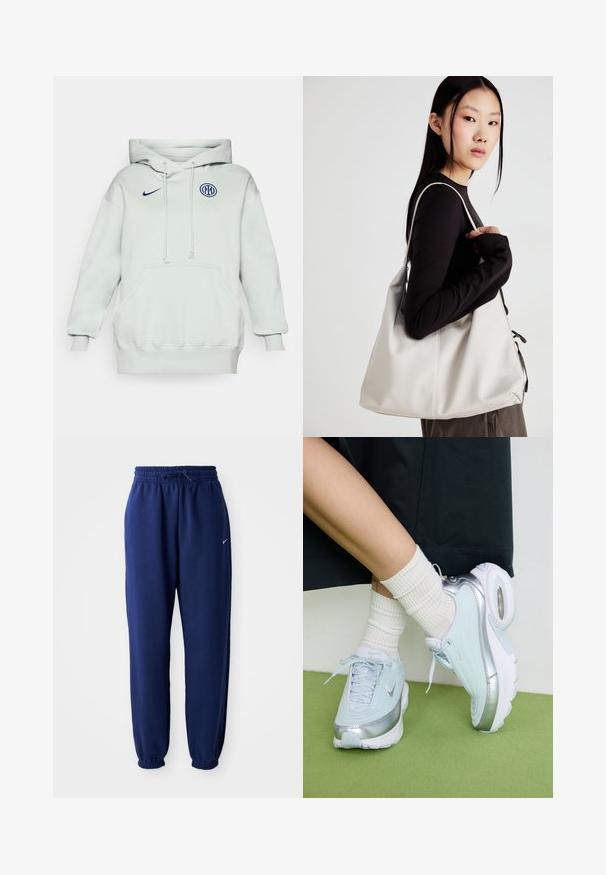 Heledad roheline kapuutsiga särk suure esikotiga, nööriga ja soonikute otstega. Esiküljel on sinine Nike logo ja ringikujuline sinine embleem.; Tumesinine dressipluus, mis on valmistatud pehmest kangast, elastse vöökoha ja nööriga, elastsete mansettide ning väikese valge logoga.; Heled sinine tennis, millel on hõbedased detailid, tekstureeritud ülemine osa, pehme põhi ja nähtav õhukamber. Kombineeritud valgete ribadega sokkidega.; Bež käekott pehme materjali, millel on lõtv disain, õmblustega detailid ja kaks õlarihma. Sobib igapäevaseks kasutamiseks.