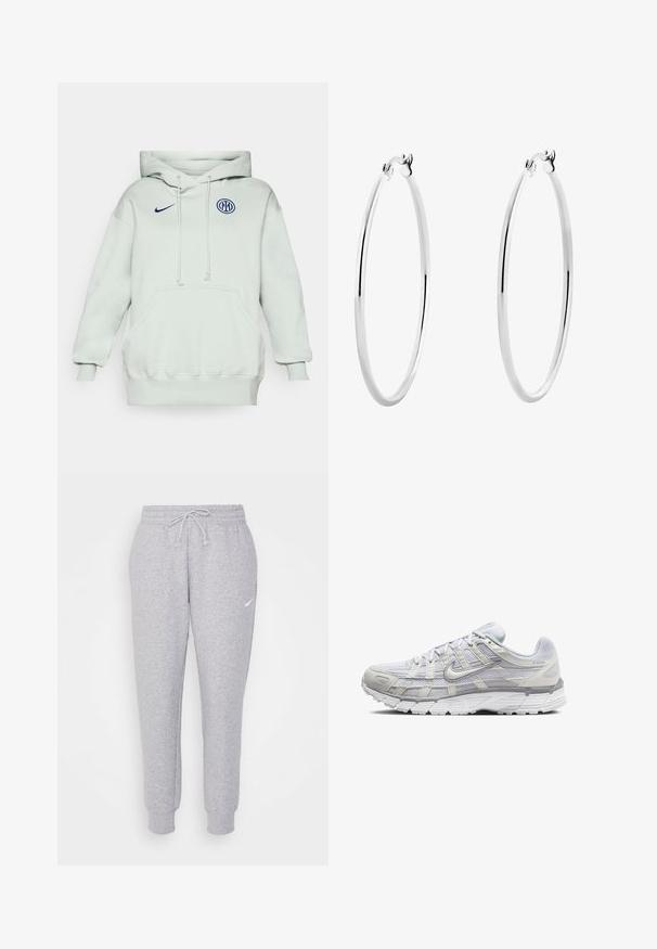 Jasnozielona bluza z kapturem z dużą przednią kieszenią, sznurkiem i ściągaczami. Posiada niebieskie logo Nike oraz okrągły niebieski emblemat na klatce piersiowej.; Jasnoszare dresy z regulowanym pasem, zwężanymi nogawkami i małym białym logo na lewej udzie. Wykonane z miękkiego, teksturowanego materiału.; Jasnoszare buty sportowe z siateczkowym i syntetycznym wierzchem, wyposażone w sznurowanie, wyściełany kołnierz oraz teksturowaną podeszwę zapewniającą przyczepność.; Srebrne kolczyki w formie obręczy z gładką, polerowaną powierzchnią i cienkim, okrągłym kształtem. Wzór posiada pewne zapięcie.