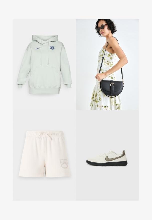 Heledad roheline kapuutsiga särk suure esikotiga, nööriga ja soonikute otstega. Esiküljel on sinine Nike logo ja ringikujuline sinine embleem.; Heledžärve värvi puuvillased lühikesed püksid, millel on elastne vöökoht, reguleeritav nöör ja küljele trükitud "NIKE SPORTSWEAR" logo heledas pruunis.; Nike Sportswear FIELD GENERAL - Tossud - off-white/black; Mustmust mustraha kõverate joontega, eemaldatava rihmaga ja kuldsete detailidega. Kotil on klapp, millel on pandladetail.