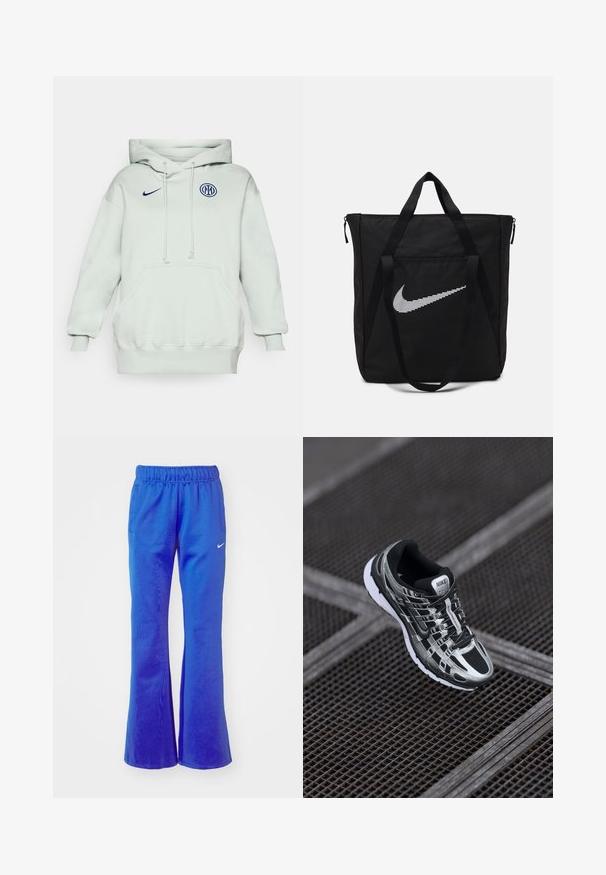 Haut à capuche vert clair avec une grande poche avant, un cordon de serrage et des poignets côtelés. Présente un logo Nike bleu et un emblème circulaire bleu sur la poitrine.; Pantalons de sport évasés en bleu vif, avec une taille élastique, deux poches latérales et un petit logo blanc sur le devant.; Chaussure de course Nike avec un design noir et argent, tige en mesh, semelle texturée et système de laçage pour un maintien sécurisé.; Sac en nylon noir avec deux poignées robustes et fermeture éclair. Présente un logo Swoosh blanc Nike en design rayé horizontal.