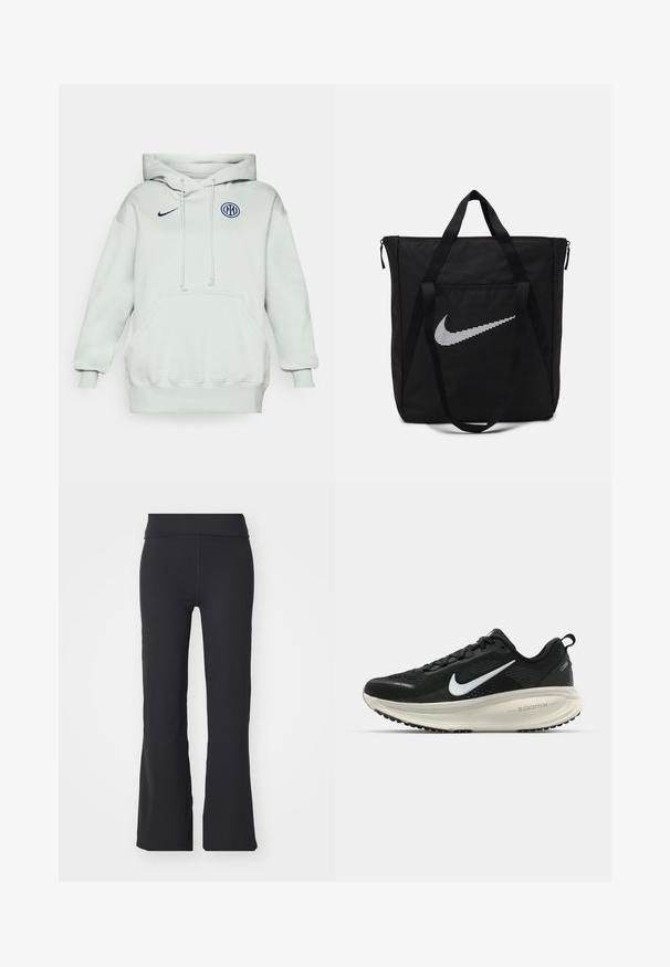 Ljusgrön huvtröja med en stor framficka, snörning och ribbade ärmmuddar. Har en blå Nike-logotyp och ett cirkulärt blått emblem på bröstet.; Svarta utsvängda byxor i stretchy tyg med hög midja. Har rena linjer och en slät yta, passar för avslappnad användning.; Svart Nike löparsko med andningsbart mesh-ovandel, vit swoosh-logotyp, texturerad detaljering och en krämfärgad ZoomX-mellansula.; Svart nylon tote-väska med två kraftiga handtag och dragkedjestängning. Har en framträdande vit Nike-swoosh-logotyp i ett horisontellt randigt mönster.