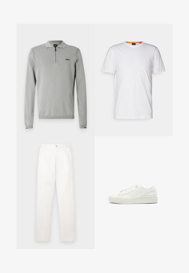 Gray pullover with a zip collar, featuring ribbed accents on shoulders and cuffs. Includes a small black "BOSS" logo on the chest.; White cotton T-shirt with a crew neck, short sleeves, and a subtle embossed logo on the chest. Interior tag has an orange accent.; White trousers made from smooth fabric, featuring a straight leg design, front pleats, and a single button closure at the waist.; White leather sneaker featuring a textured upper, a round toe, minimalistic design, and a rubber sole with stitched detailing.
