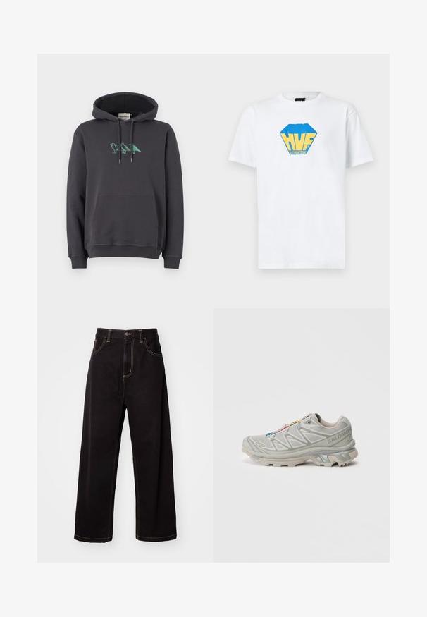 Sudadera gris oscuro con bolsillo tipo canguro, capucha con cordón y bordado de dinosaurio verde en el pecho. Material de algodón suave, corte relajado.; Camiseta de algodón blanca con un logo hexagonal azul y amarillo que dice "HUF INTERNATIONAL" en letras negritas en la parte frontal.; Pantalones de mezclilla negros de pierna ancha con costuras de contraste, diseño de cinco bolsillos y cierre de botón en la parte delantera. Textura suave y tejido resistente.; Zapatilla deportiva gris claro con parte superior de malla texturizada, acentos reflectantes, suela con tracción distintiva y cordones coloridos. Presenta un diseño de soporte.