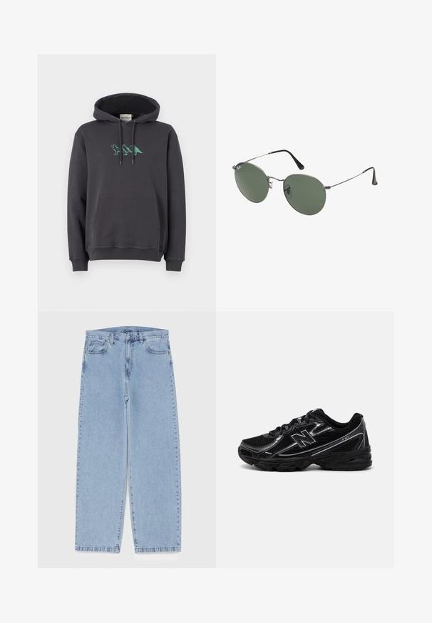 Dunkelgrauer Kapuzenpullover mit Kängurutasche, verstellbarem Kapuzenzug und grüner Dinosaurierstickerei auf der Brust. Weiches Baumwollmaterial, bequeme Passform.; Hellblaue Jeans aus Denim mit geradem Bein, ausgestattet mit einer mittelhohen Taille, fünf Taschen sowie einem Knopf- und Reißverschluss.; Schwarzer Sportschuh mit Mesh-Obermaterial, silbernen Akzenten, gepolsterter Sohle und Schnürverschluss. Merkmale sind eine abgerundete Zehe und ein strukturiertes Profil.; Metallgestellte Sonnenbrille mit ovalen grünen Gläsern. Dünner silberner Metallrahmen und schwarze Ohrstücke. Minimalistisches Design, keine sichtbaren Logos.