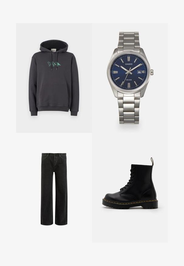 Sweat à capuche gris foncé avec une poche kangourou, un cordon de serrage et une broderie de dinosaure vert sur la poitrine. Tissu en coton doux, coupe décontractée.; Jean en denim noir à jambes larges avec taille haute, présentant un design classique à cinq poches et un léger délavage pour un aspect texturé.; Bottines en cuir noir avec un laçage à l'avant, des coutures jaunes, un bout rond et une semelle en caoutchouc épaisse et texturée.; Montre-bracelet en acier inoxydable argenté avec un cadran bleu marine, des index métalliques et un affichage de la date à 3 heures. Résistante à l'eau jusqu'à 50 mètres.