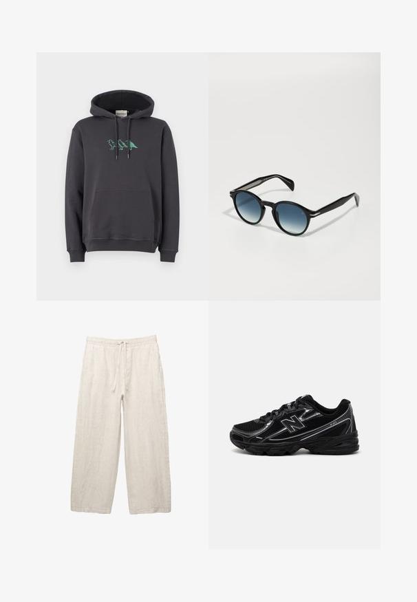 Tmavě šedá mikina s klokankou, kapucí na šňůrku a zelenou výšivkou dinosaura na hrudi. Měkký bavlněný materiál, volný střih.; Lněné kalhoty v světle béžové barvě, s elastickým pasem a šňůrkou na stažení, širokým nohavicím a bočními kapsami. Hladká textura.; Černá sportovní obuv s vrchní částí z prodyšné síťoviny, stříbrnými akcenty, polstrovanou podrážkou a šněrováním. Má zaoblenou špičku a zdrsněnou podrážku.; Černé sluneční brýle oválného tvaru, s gradientními modrými skly a štíhlými stranami, které mají výrazné stříbrné akcenty. Hladký povrch po celém obvodu.