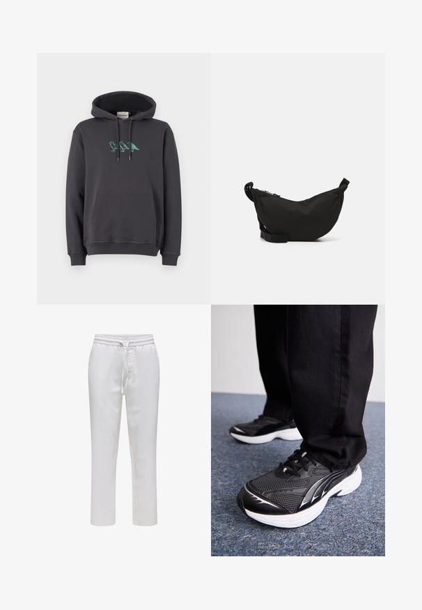 Tummanharmaa huppari, jossa on kengurupocket, säätönyöri hatussa ja vihreä dinosaurustikkaus rinnan kohdalla. Pehmeä puuvillamateriaali, rento malli.; Valkoiset vetskarihaut, joissa on joustava vyötärö ja nyöri. Suorat lahkeet kevyessä, sileässä kankaassa ilman kuvioita.; Musta urheilukengät, joissa on verkkokangas, valkoinen pohja ja mustia yksityiskohtia. Pohjassa on rakenne. Käytetään mustien housujen kanssa sinisellä matolla.; Musta kangaskassi, jossa on kaareva muoto, vetoketjukiinnitys, säädettävä olkahihna ja pieni sivutasku lisäsäilytykseen.