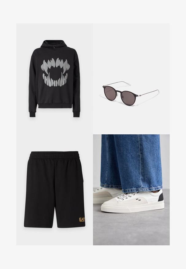 Hanorac negru din material moale, cu un design grafic mare, argintiu, care seamănă cu dinți abstracți pe față. Glugă ajustabilă.; Tricou negru din bumbac cu guler rotund, mâneci scurte și logo-ul "EMPORIO ARMANI" în alb deasupra cuvântului "Milano" într-un design curbat.; Shorts atletici negri dintr-un material moale, având o talie elastică și un mic logo galben EA7 pe partea inferioară a piciorului stâng.; Adidași albi și negri, cu un superior din piele netedă, accente texturate și o talpă albă groasă. Prezintă un design clasic cu șireturi.; Ochelari de soare negri rotunzi cu lentile întunecate și brațe metalice subțiri. Include vârfuri transparente pentru brate și accente argintii la balama. Design minimalist.