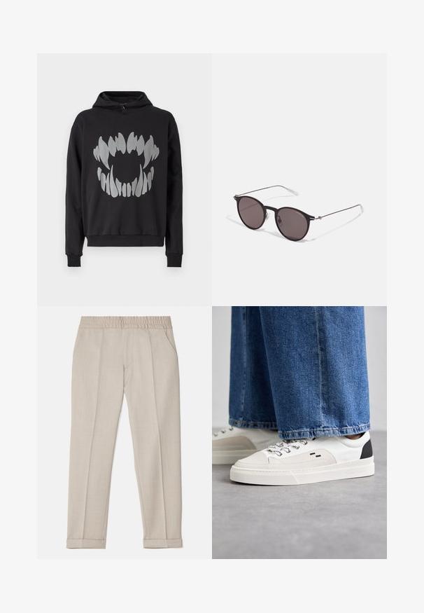 Juodas gobtuvas iš minkštos medžiagos, su dideliu sidabriniu grafiniu dizainu, primenančiu abstrakčius dantis priekyje. Reguliuojamas gobtuvas.; Filippa K TERRY CROPPED TROUSERS - Kelnės - sage melange; Balti ir balti sportbačiai su lygaus odos paviršiumi, tekstūruotais akcentais ir masyviu baltu padu. Turi klasiką primenančią raištelių užsegimo sistemą.; Juodos apvalios saulės akinių su tamsiais lęšiais ir plonomis metalinėmis šakomis. Įtraukti skaidrūs šventyklų galai ir sidabriniai akcentai vyrio srityje. Minimalistinis dizainas.