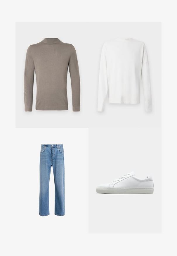 Lichtbruine, coltrui met lange mouwen. Zachte, gebreide textuur, nauwsluitend ontwerp, geribbelde manchetten en zoom. Eenvoudige, naadloze constructie.; Witte katoenen blouse met lange mouwen en een ronde halslijn, met zijsplitten aan de onderkant en een gladde textuur, vanuit de achterkant weergegeven.; Lichtblauwe denim jeans met een straight-leg ontwerp, vijf zakken, knoopsluiting, minimale vervaging en contrasterende stikseldetails.; Witte sneaker met een gladlederen bovenwerk en een laag profiel. Voorzien van een ronde neus, zes vetergaatjes en een gestructureerde rubberen zool.