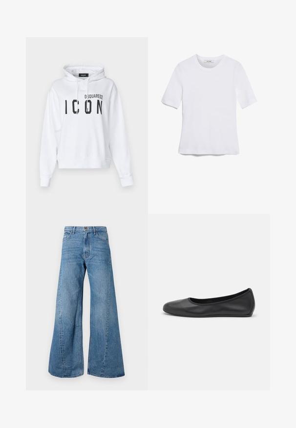 Haut à capuche blanc, court, en mélange de coton, avec un grand imprimé noir "ICON" et le logo "DSQUARED2". Comprend une capuche réglable avec cordon.; T-shirt blanc à manches courtes en tissu côtelé. Col rond, coupe régulière et détails de couture subtils. Aucune motif ni graphique.; Jean en denim bleu à jambes larges et taille haute, avec un style classique à cinq poches et un léger délavage pour ajouter de la texture.; Ballerines en cuir noir avec un bout rond, texture lisse, détails de couture minimalistes et design de semelle flexible.