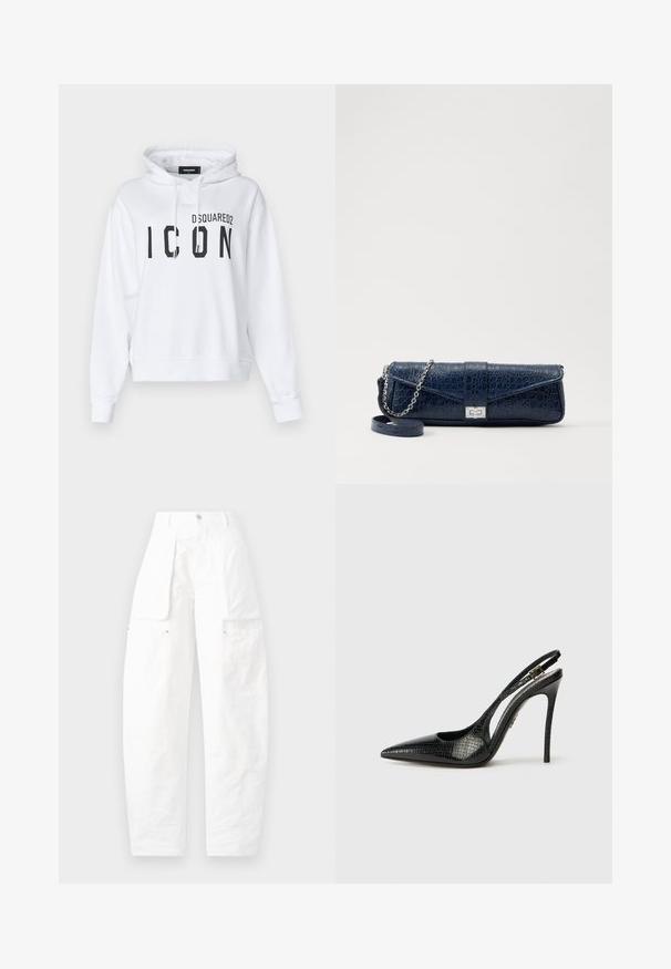 Biela skrátená mikina s kapucňou vyrobená z bavlnenej zmesi, s veľkým čiernym potlačou "ICON" a logom "DSQUARED2". Obsahuje nastaviteľnú kapucňu so šnúrkou.; Biele cargo nohavice s voľným strihom, viacerými vreckami po stranách a textúrovanou látkou, s vysokým pásom a zapínaním na gombík.; Čierne slingback lodičky s špicatou špičkou, textúrovaným hadím vzorom, ihlovým podpätkom a dekoratívnou prackou na pásiku.; Tmavomodrá kožená kapsička s krokodílovou textúrou, strieborný reťazový popruh a kovová spona. Obdĺžnikový tvar so sklápacím dizajnom.