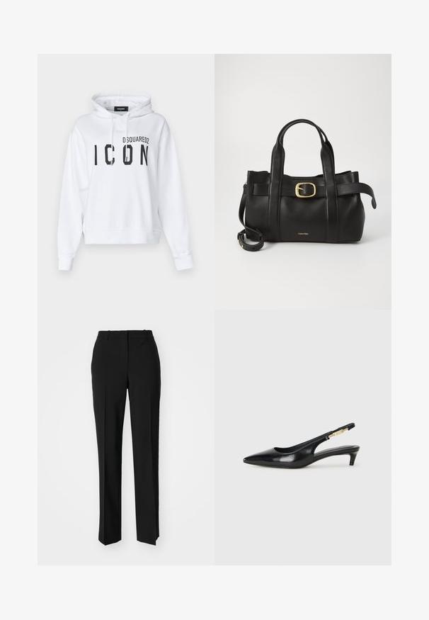 Sudadera corta blanca hecha de una mezcla de algodón, con una gran impresión negra de "ICON" y el logo de "DSQUARED2". Incluye capucha ajustable con cordón.; Pantalones negros ajustados con un diseño de pierna recta, que presentan una textura suave y pliegues nítidos en el frente. Sin herrajes visibles.; Tacones negros de piel sintética tipo slingback con punta afilada, que cuentan con un tacón delgado y un detalle en tono dorado en la correa ajustable. Textura suave.; Bolso de cuero negro con un diseño estructurado, doble mango superior, detalle de hebilla en tono dorado y logo de la marca grabado en la parte frontal.