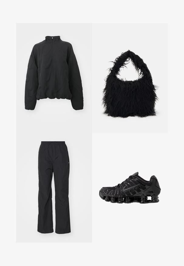 Nike Sportswear COZY LOGO - Φούτερ - black; Μαύρο, ελαφρύ παντελόνι με ελαστική μέση και κορδόνι. Διαθέτει υφή και μικρό ανακλαστικό λογότυπο στο πλάι.; Μαύρο αθλητικό παπούτσι με διχτυωτό επάνω μέρος και γυαλιστερές επενδύσεις. Διαθέτει καμπύλες ελαστικές αναρτήσεις και υφές στις πλευρές. Ο λογότυπος της Nike είναι ορατός.; Even&Odd Τσάντα Tote - black