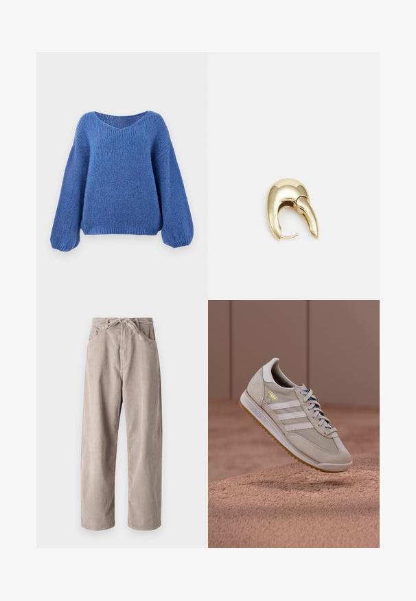 Plavi pleteni pulover s v-izrezom, dugim balonskim rukavima i teksturiranim uzorkom. Mekani materijal s opuštenim krojem, s rebrastim manžetama.; Bež ženske hlače od kordura u slobodnom kroju, s elastičnim pojasom, dva prednja džepa i vertikalnom rebrastom teksturom.; Bež tenisice s gornjim dijelom od brušene kože i mrežaste tkanine, bijele tri pruge, đon od gumenog materijala boje gume, plave vezice i zlatni detalj logotipa. Klasični retro dizajn.; Zlatne metalne naušnice s elegantnim, zakrivljenim dizajnom. Imaju karakterističan šiljast oblik, poliranu površinu i zatvaranje na šarku.