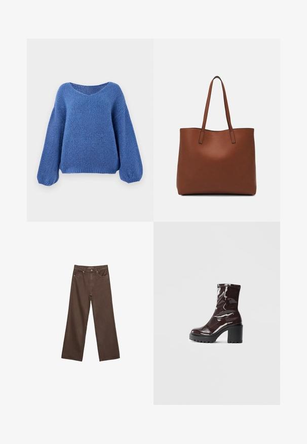 Modrý pletený svetr s výstřihem do V, dlouhými balónovými rukávy a strukturovaným vzorem. Měkká látka s volným střihem, s žebrovanými manžetami.; Hnědé džíny s širokými nohavicemi vyrobené z denimu, s vysokým pasem, předními kapsami a klasickým zapínáním na knoflík. Hladká textura s jemným švem.; Lesklá bordó kotníková bota s masivním černým podpatkem, se hladkým povrchem a jednoduchým designem. Žádné viditelné zapínání ani vzory.; Hnědá kožená taška přes rameno s hladkou texturou, otevřeným designem a dvěma ramenními popruhy. Obsahuje minimální švy a žádné viditelné kovové prvky.