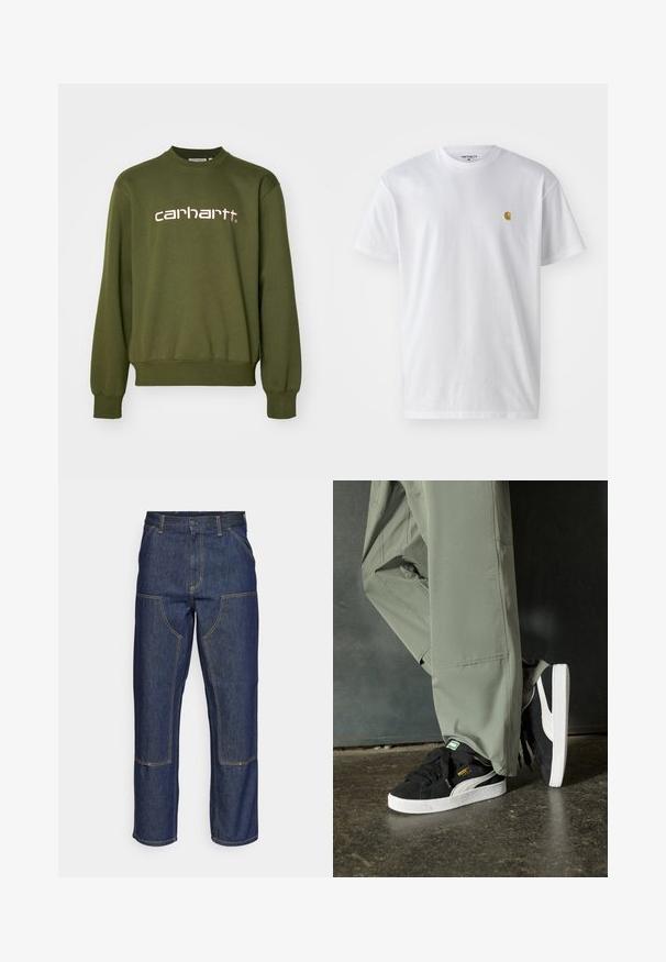 Olive green sweatshirt made of cotton blend, featuring a crew neck, long sleeves, ribbed cuffs, and embroidered "carhartt" logo in pink.; White cotton t-shirt with short sleeves, crew neck, featuring a small gold logo on the left chest area. Soft texture and regular fit.; Dark blue denim jeans with a high waist, straight leg design, contrasting stitching, and patch pockets on the front.; Black suede sneakers with white rubber soles and side stripes, paired with light green cargo pants, standing on a textured dark surface.