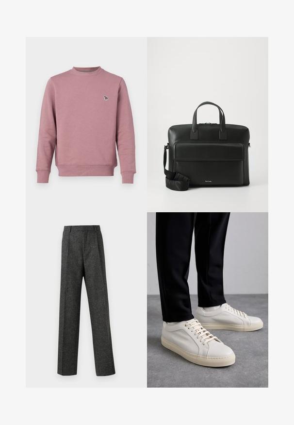 PS Paul Smith ZEBRA - Sweatshirt - mauve; Gray tailored trousers made of textured fabric, featuring two front pleats and a straight-leg design. No visible pockets or embellishments.; Light beige leather sneakers with flat laces, a textured surface, and a contrasting cream-colored rubber sole, paired with black tapered pants.; Black leather briefcase with dual top handles, a front pocket, and a detachable strap, featuring subtle branding at the bottom.