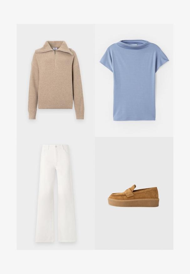 Šviesiai rudas megztinis su pusiau užtrauktuku, storiu tekstūru ir ilgomis rankovėmis. Turi trumpą siluetą ir minkštą, šiltą audinį.; Šviesiai mėlynas trumpomis rankovėmis pasidarytas viršus, pagamintas iš minkštos medžiagos. Turi apvalų kaklo iškirpimą ir laisvą siluetą, su švariais kraštais ir be raštų.; Balsviesti, aukštu liemeniu plačiakelnės džinsinės kelnės. Jos turi mygtukų užsegimą, dvi priekinės kišenes ir siūlams su siuvinėtojais.; Rudos suedinės loafer tipo bateliai su apvaliu pirštu, turintys raukšlėtą platformos padą ir dekoratyvinę juostą per viršutinę dalį.