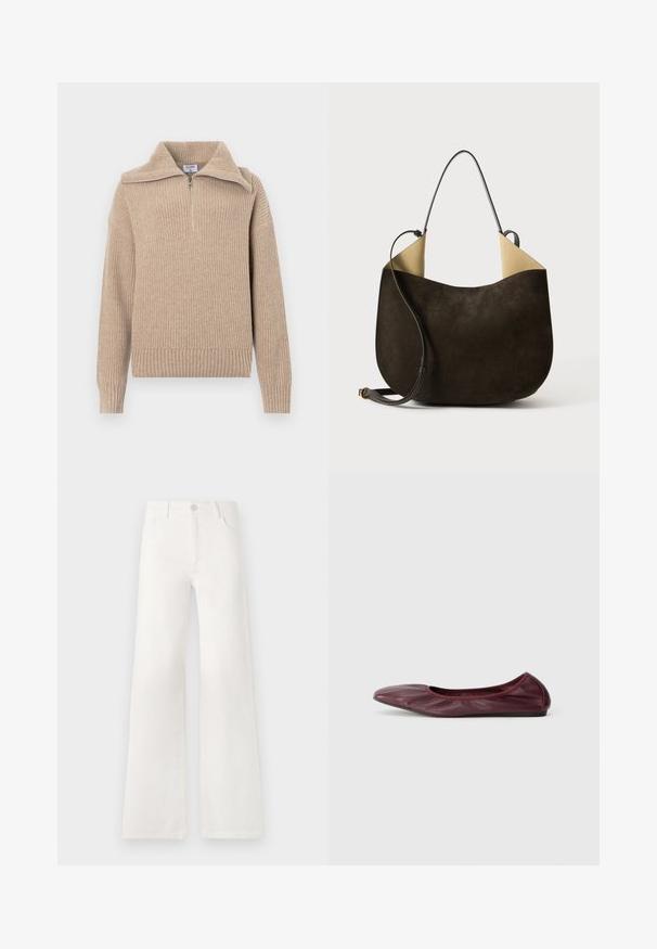 Beige knitted sweater with a half-zip collar, ribbed texture, and long sleeves. Features a cropped fit and a soft, warm fabric.; White, high-waisted wide-leg jeans made of denim. Features a button closure, two front pockets, and side seams with stitching details.; Ballet flat in deep burgundy leather, featuring a rounded toe, elasticized rim, and smooth texture with subtle pleating detail.; Dark brown suede handbag with a smooth texture, a minimalist design, and contrasting light-colored interior. Features a long leather strap.