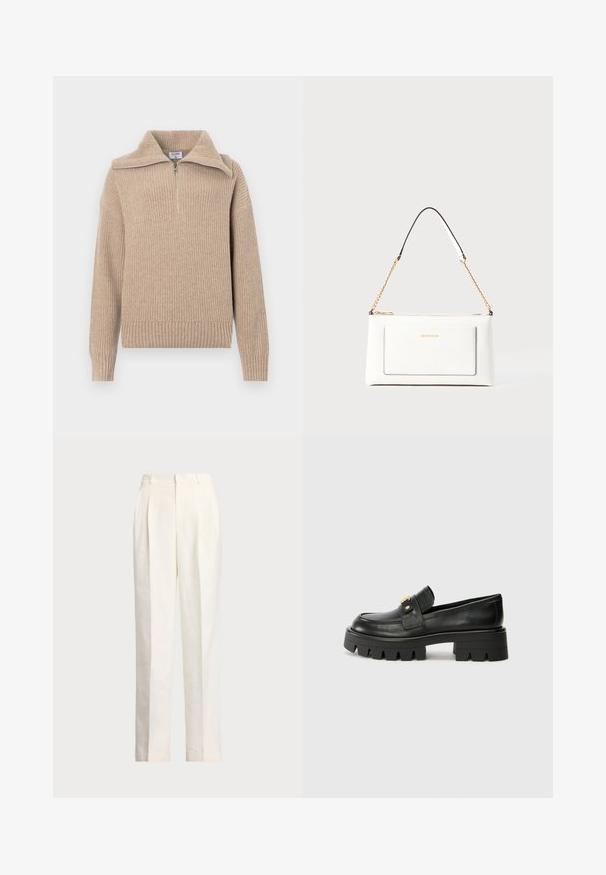 Beige kötött pulóver fél cipzárral, bordás textúrával és hosszú ujjakkal. Rövidített fazonnal és puha, meleg anyaggal rendelkezik.; Polo Ralph Lauren HEMP WIDE LEG PANT - Nadrágok - nevis; Fekete bőr loaferek masszív talppal, elöl arany színű díszítéssel és sima felülettel. A talpon vastag mintázat található.; Fehér bőr kézitáska, texturált felülettel, arany lánccal és fekete részletekkel. Elülső zsebbel és cipzáros zárással rendelkezik.