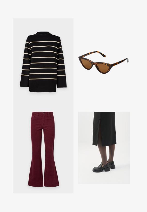 Sweater listrado preto com gola alta, apresentando riscas horizontais em creme e mangas longas largas. Feito de um material de malha suave.; Calças de veludo cotelê em bordeaux, com flare, cinco bolsos, fecho frontal por botão e tecido texturizado. O flare estende-se do joelho até a bainha.; Sapatos de couro pretos com bico arredondado, salto bloco grosso e detalhes elásticos laterais, combinados com meias escuras e uma saia preta com uma abertura.; Óculos de sol estilo gato com uma armação em tartaruga preta e laranja, lentes castanhas e pontas elegantes e pontiagudas. Apresenta um logo minimalista na haste.