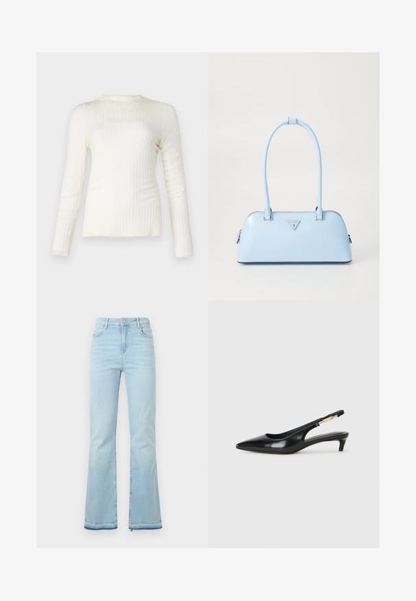 Camisola branca de mangas longas, com um tecido leve, decote redondo, forma justa, leve elasticidade, linhas limpas e um acabamento suave.; Jeans flare azul claro feitos de denim, com uma cintura alta, bolsos frontais e uma bainha desgastada nas bainhas para um look casual.; Saltos slingback em couro preto com bico fino, apresentando um salto esguio e um detalhe em tom dourado na alça ajustável. Textura suave.; Bolsa de mão azul claro com uma forma estruturada, material de couro suave, duas alças e um logótipos triangular na parte da frente. Fecho com zíper.