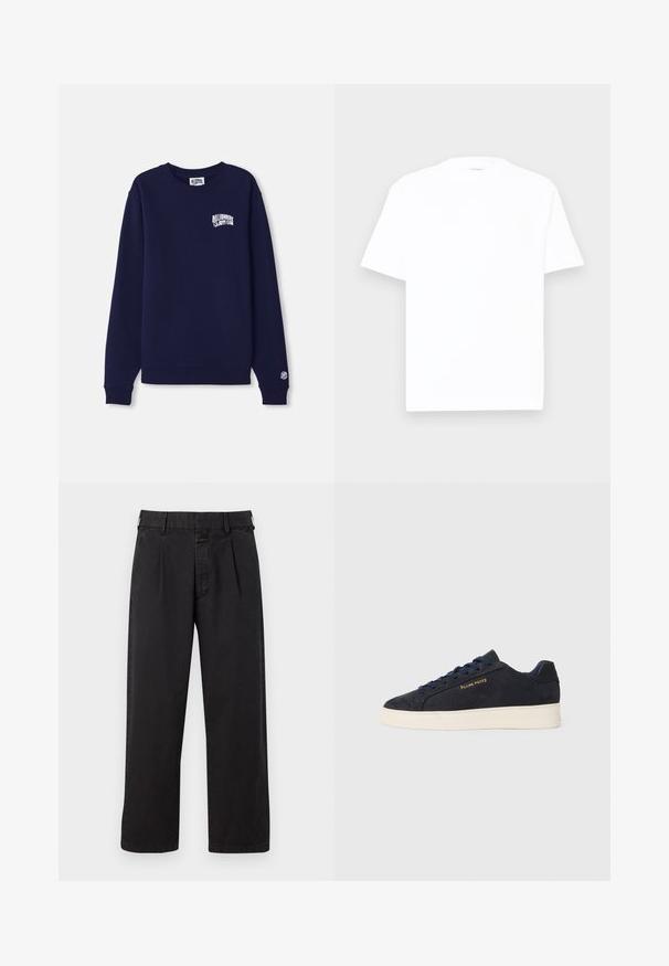 Tumed sinine crewneck sweatshirth, mis on valmistatud puuvillast, millel on rinnal väike valge logo ja mansetil logo silt. Klassikaline lõige, ribatud alläär.; Valge puuvillane T-särk, ümmarguse kaelusega, lühikeste varrukatega ja vabalt langev. Sile tekstuur, minimaalne detailitus ja ilma mustrite või graafikateta.; Mustad puuvillased püksid, sirge lõikega, pleated esiosaga, vöökonksude ja nööbilukuga. Sile tekstuur ilma mustriteta.; Tumedat sinine seemisnahast madala profiiliga tennis, valge tossutald, tumesinised paelad ning küljes kuldne "Filling Pieces" logo.