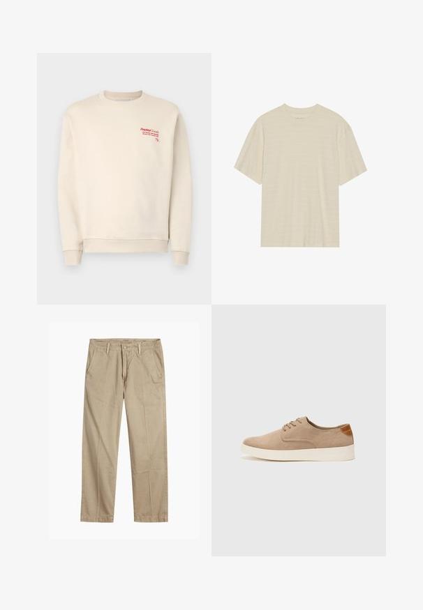 Krémová mikina ze měkké látky s žebrovanými manžetami a lemem. Červený nápis loga na horní levé straně, celkově hladká textury.; Krémové tričko s krátkým rukávem, které má jemnou pruhovanou strukturu a kulatý výstřih, vyrobené z lehkého materiálu.; Beige rovné chino kalhoty s poutky na opasek, zapínáním na přední knoflík a zip, a šikmými předními kapsami.; Béžové semišové tenisky s kulatou špičkou, šněrováním vpředu a texturovaným zadním akcentem. Bílá gumová podrážka poskytuje kontrast. Jednoduchý a moderní design.