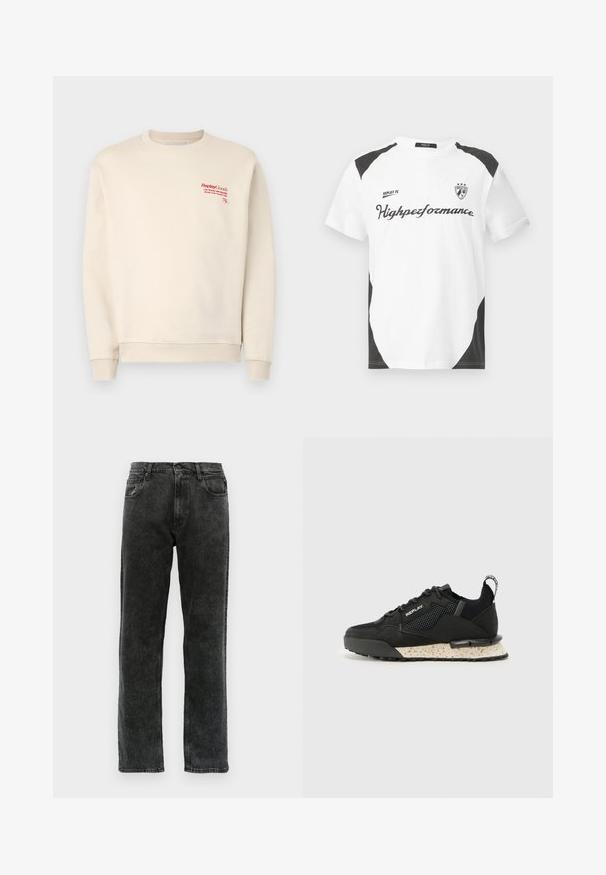 Hanorac crem din material moale, cu manșete și tiv ribbate. Textul roșu al logo-ului se află pe partea superioară stângă, cu o textură netedă în general.; Tricou alb cu mânecă scurtă și accente negre. Prezintă logo-ul "REPLAY FC" și textul "Highpeformance" într-un font sportiv. Fabricat dintr-un material neted.; Jeans negri din denim cu croi drept, având cinci buzunare, închidere cu nasture și decolorări subtile pe țesătură.; Replay FIELD MELT 25 - Sneakers low - black