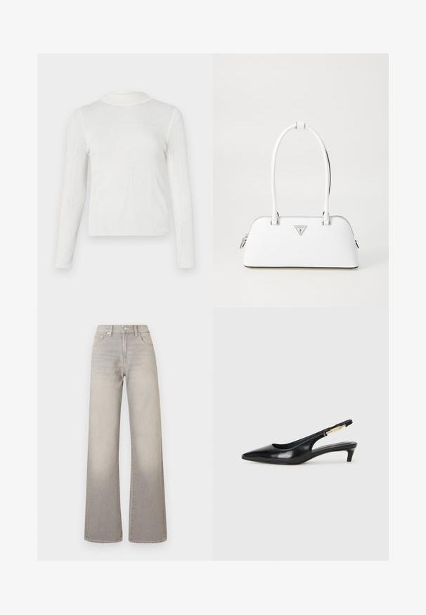Bijela majica dugih rukava s visokim ovratnikom. Rebrasta tekstura s uskim krojem. Detalji šavova stvaraju strukturirani izgled.; Sive široke traperice s izblijedjelim završetkom, zatvaranje na dugme, dizajn s pet džepova i prošivene detalje duž šavova.; Crne kožne sandale s petom, s izduženim vrhom, imaju usku petu i zlatni akcent na podesivoj traci. Glatka tekstura.; Bijela kožna torba s zakrivljenim oblikom, sadrži srebrni trokutasti logo i zatvaranje na patentni zatvarač. Glatka tekstura i dvostruke ručke.