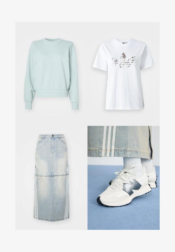 Lys myntgrønn genser i myk bomullsmiks, har ribbet rund hals, senkede skuldre og ribbede mansjetter. Liten logo på brystet.; Hvit bomulls T-skjorte med et stort, glitrende, mørkt grafikk av Adidas trefoil-logoen foran. Korte ermer og rund hals.; Denim midi-skjørt i lyseblå, med side-striper, en tettsittende midje og frontlommer. Slitt tekstur gir detaljer.; Hvide sportsskor med sølvdetaljer, tekstureret stof og glat læder; med en sort gummisål og snørebånd.