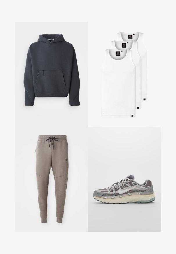Tumši pelēks kapucēts džemperis mīkstā audumā, ar priekšējo kabatu ar rāvējslēdzēju, ribotām piedurknēm un nelielu logotipu uz krūts.; Trīs baltas ribotas krūšturi, kas izgatavoti no kokvilnas. Iezīmēti ar apaļu kakla izgriezumu un maziem melniem etiķetēm tuvu apakšmalai. Pieejami vairākos izmēros.; Pelēki Nike sporta bikses ar aukliņu viduklī, sašaurinātiem galiem, sānu kabatām un izteiktām šuvēm. Mīksta, teksturēta auduma.; Pelēkie sporta apavi ar tīkla un zamša augšdaļu, baltiem akcentiem, mīkstinātu zoli un izcilu dizainu ar atstarotājiem.