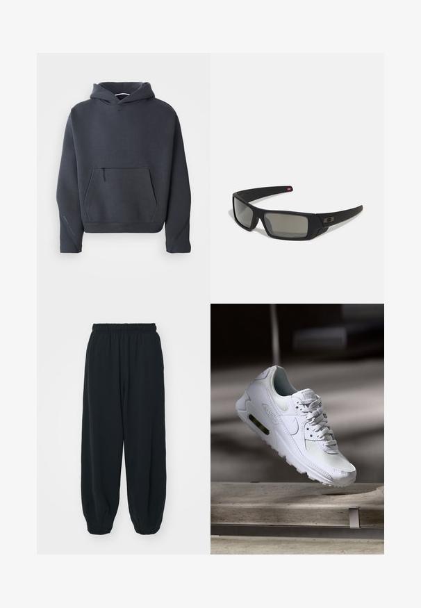 Mørkegrå hettegenser i mykt stoff, med en frontlomme med glidelås, ribbestrikkede mansjetter og en liten logo på brystet.; Sorte, joggebukser med elastisk liv, løs passform, mansjetter på ankler, glatt tekstur og uten synlige mønstre eller hardware-detaljer.; Hvit Nike Air Max 90 sneakers med øvre del laget av mesh og skinn, perforert tåboks og en synlig luftenhet i hælen.; Sorte solbriller med mat finish, rektangulære linser, lett kurv på brillestengene, diskret logo detaljer, og røyktinted linser.