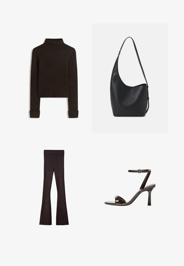Brown ribbed turtleneck sweater with long sleeves and rolled cuffs; made of textured fabric; cropped length.; Bershka Trousers - dark brown; Brown patent leather high-heeled sandal with an ankle strap, open toe, and a sleek, minimalist design. Features a square heel.; Black leather hobo bag with a smooth texture, curved shape, and single adjustable strap; features a wide opening at the top.